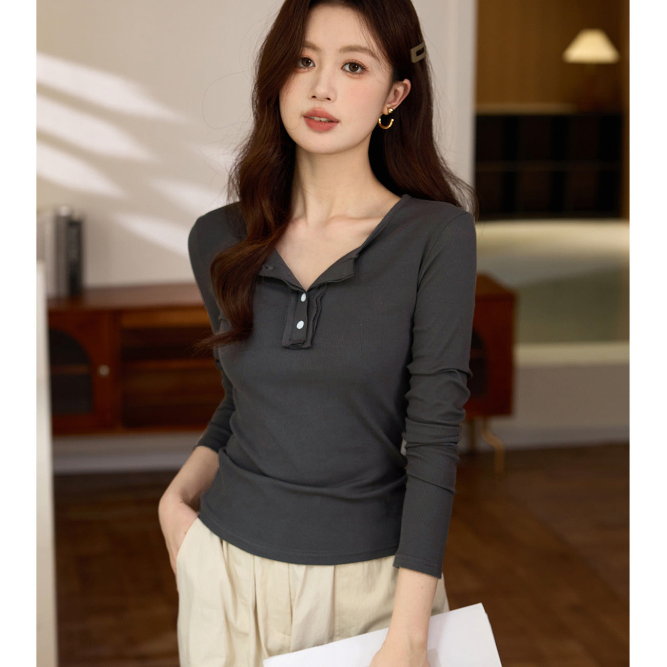 #Selection of high-quality products #Chic design button-up long-sleeved t-shirt women's 2026 autumn and winter new semi-open-necked pure cotton top