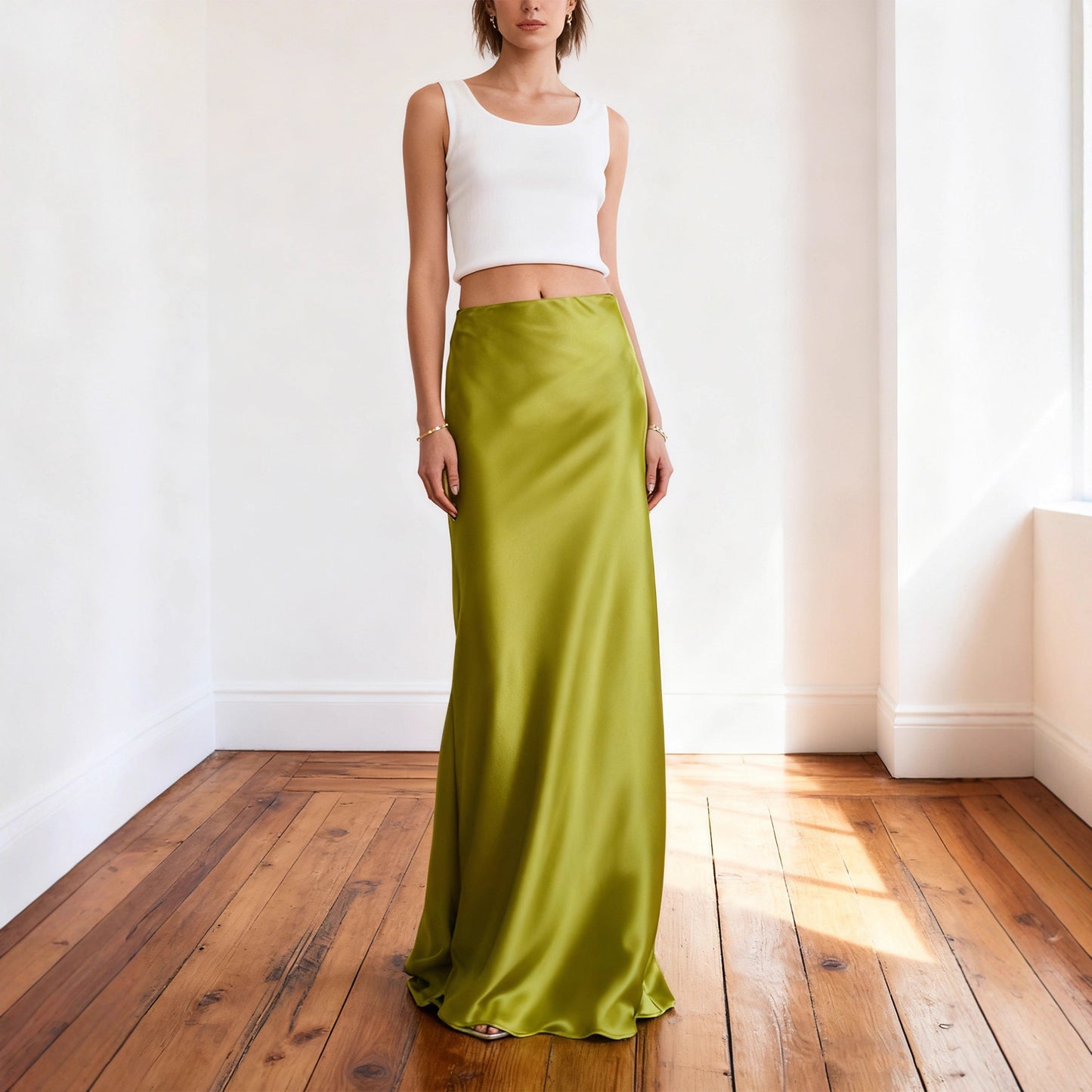 Haute couture imported acetic acid satin Muse skirt super long mopping elastic waist pendant stylish tall man