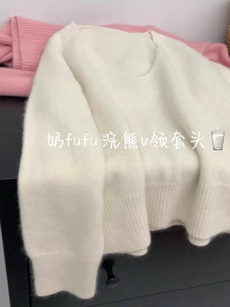 Blue v-neck soft waxy imitation raccoon fleece sweater women's autumn and winter loose lazy wind pullover knitted sweater high-end top