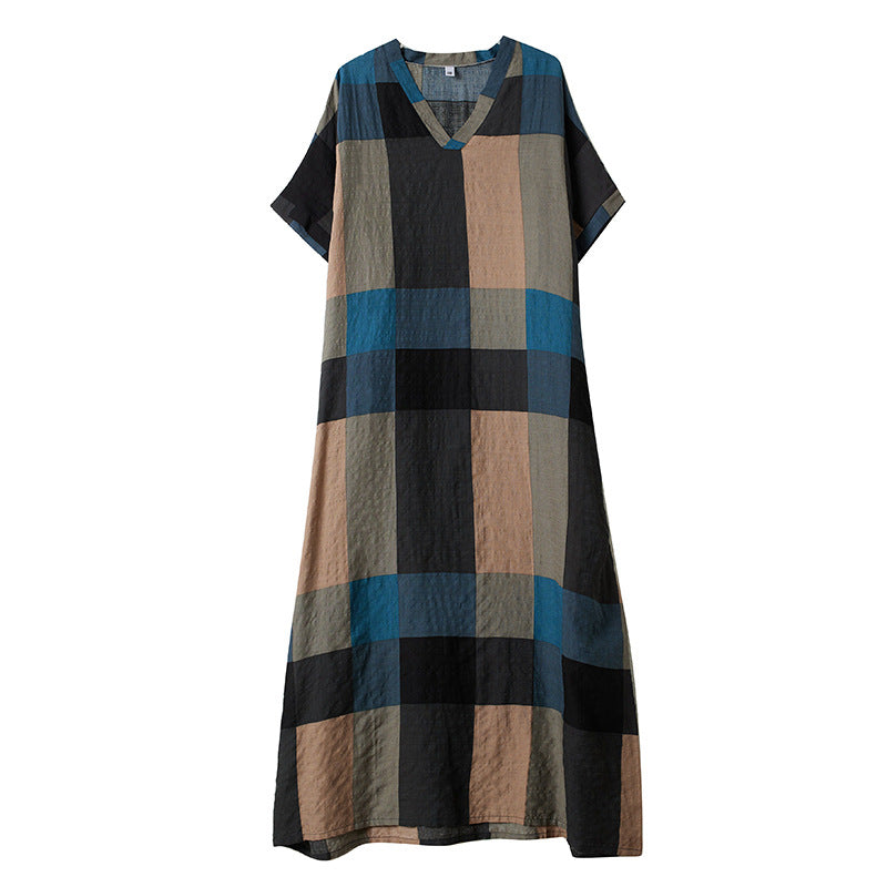 Real shot 2024 summer V-neck cotton and linen large size loose literary holiday wind beach skirt retro long robe woman