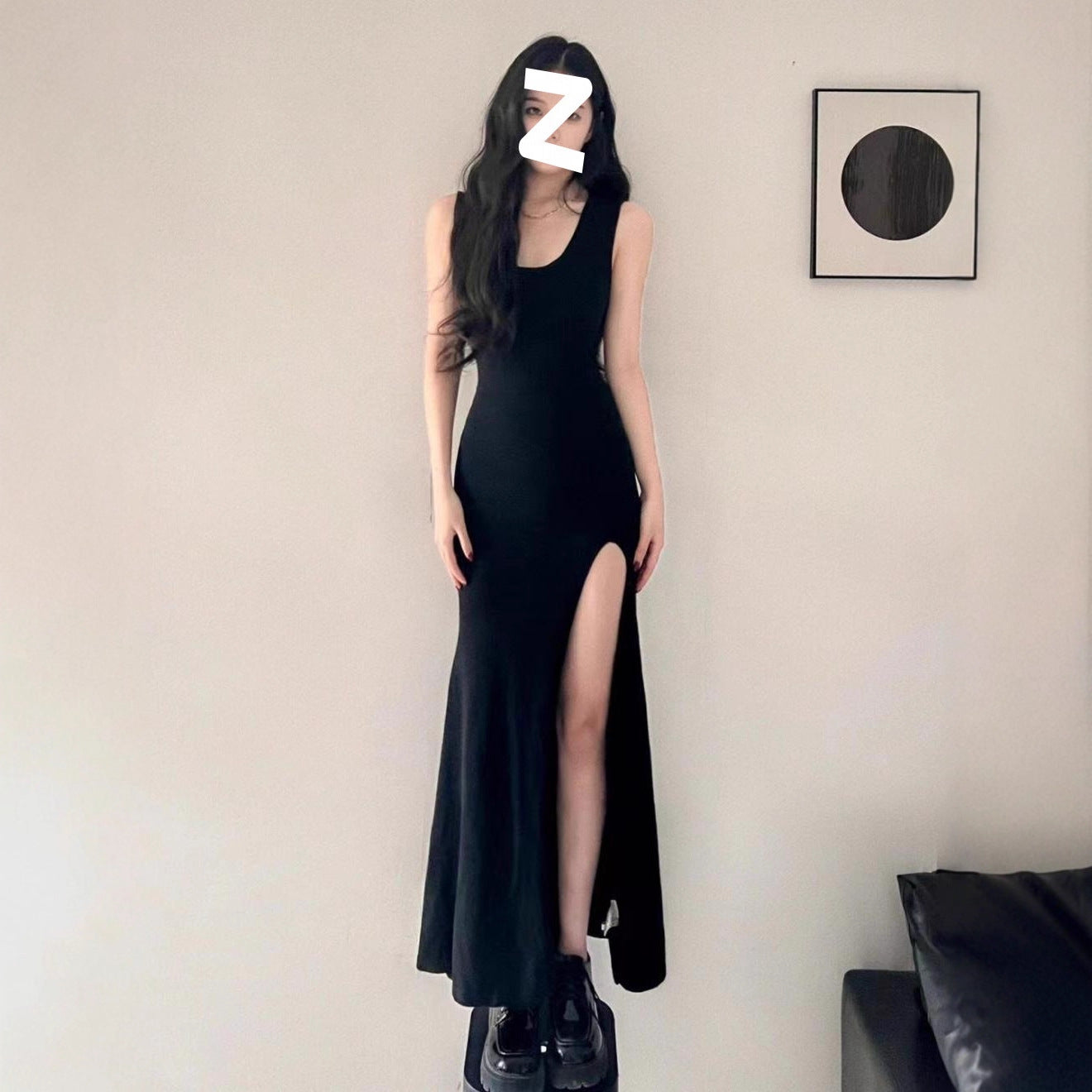 Black royal sister style sexy suspender dress women's new summer design slim slit hip length skirt