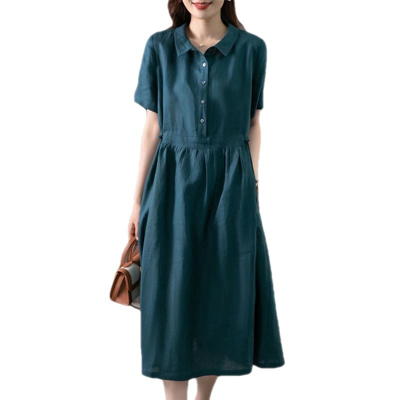 2024 summer new literary loose splicing solid color cotton and linen lapel short-sleeved dress women's medium and long #6536