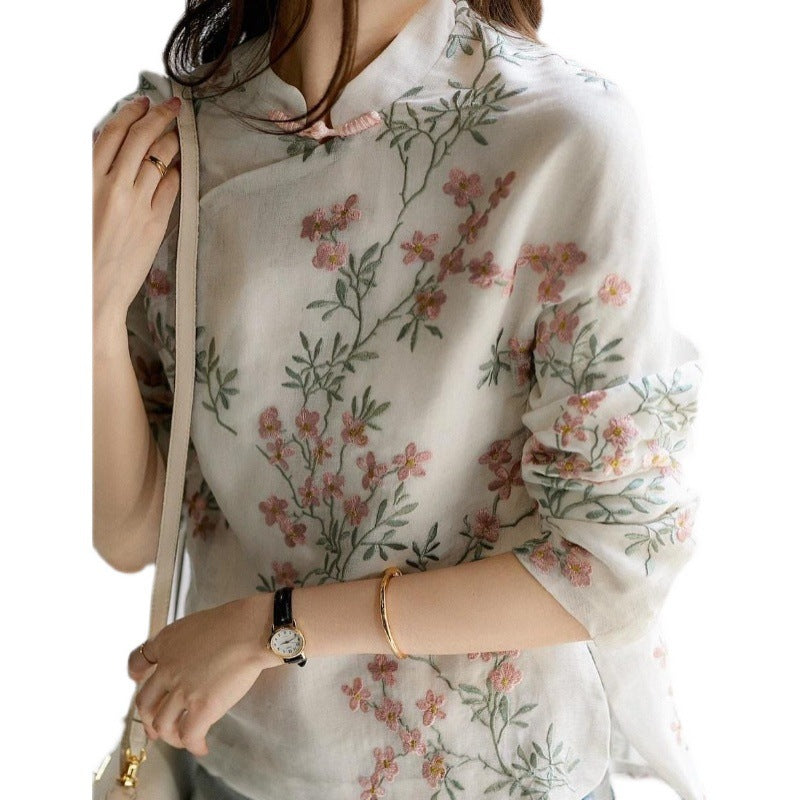 2025 Spring New Chinese Improved Cheongsam Top Peach Blossom Shirt Retro Button Long Sleeve Printed Shirt Women's 7052