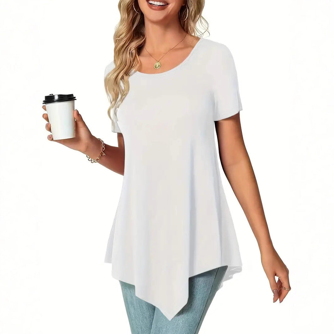 2025 Amazon popular European and American large size loose crew neck top irregular hem women's short-sleeved T-shirt