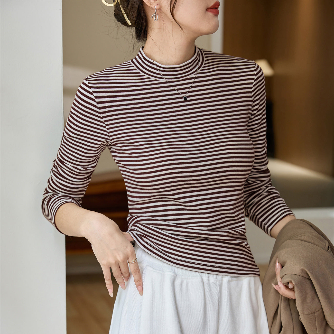 #Selection of good goods #Pure cotton T-shirt women's long-sleeved foreign-style striped bottoming shirt 2026 autumn and winter new semi-turtleneck top