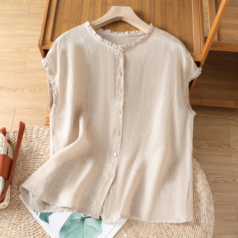 The real shot is in the summer of 2025, cotton and linen are impervious to meat, short short wooden ear edge shirt, single-breasted short-sleeved shirt.