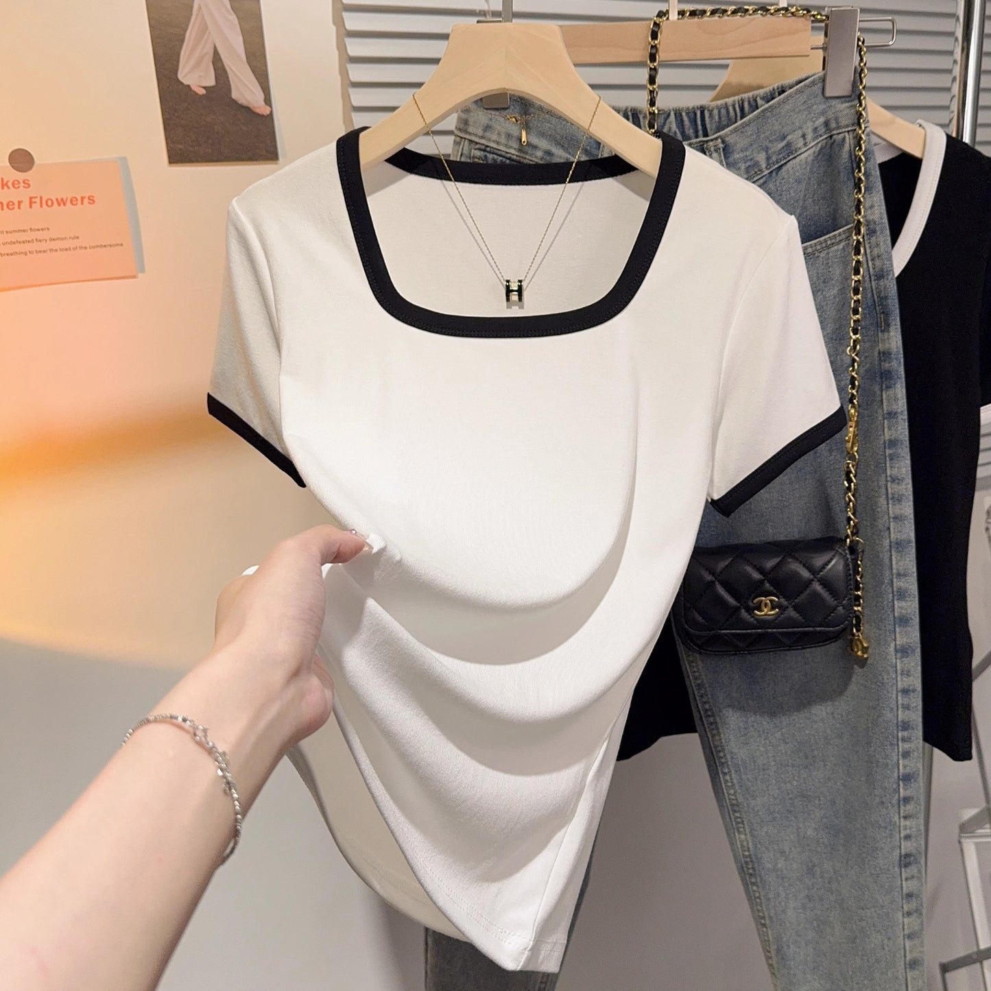 2025 Summer White Threaded Square Neck Large Neckline Contrasting Short Sleeve T-Shirt Women's Trend Slim Top Bottom Shirt