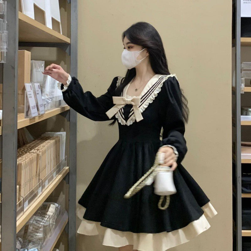 Navy collar long-sleeved Hepburn style dress autumn 2025 new women's tutu dress sweet flesh-covering black skirt