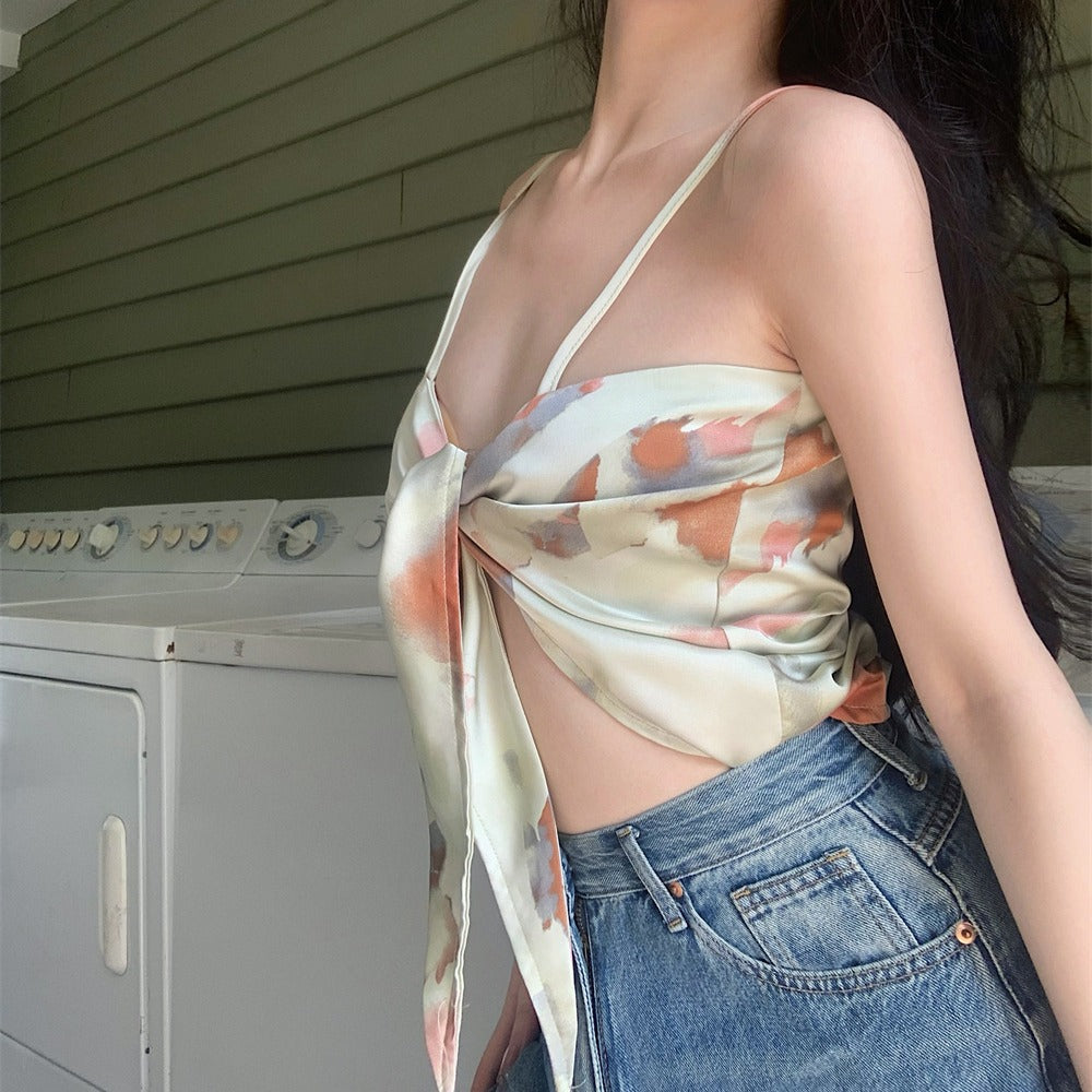 Sweet Spice Girl Triangle Silk Scarf Tie-dye Small Suspender Vest Women's Seaside French Design Sense Jazz Short Top