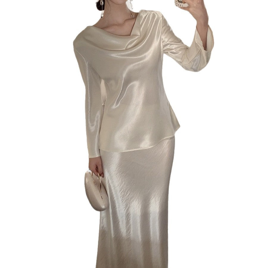 Haute couture 100% acetic acid champagne color rich daughter gold swing neck satin long-sleeved top women's retro temperament looking thin early autumn