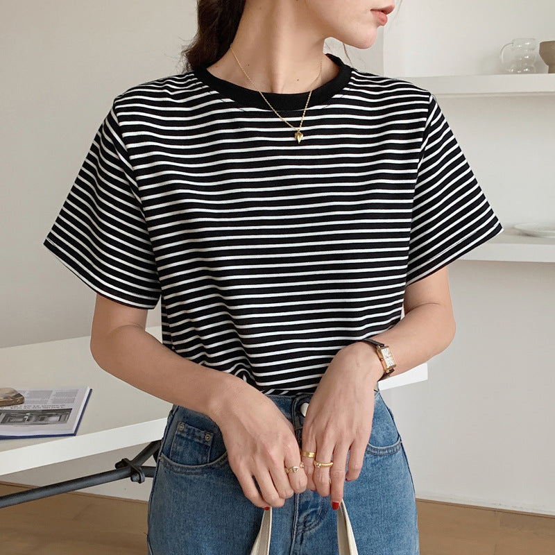High-quality pure cotton striped T-shirt bottoming shirt women's short-sleeved 2026 summer new loose and thin versatile crew neck top
