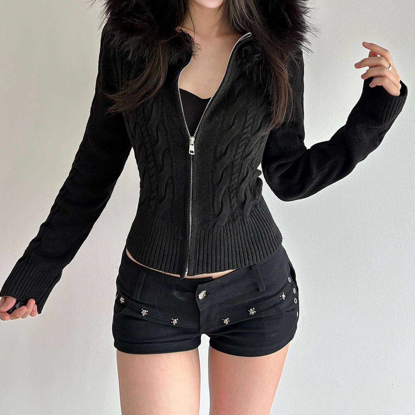 American retro fluffy hooded zipper cardigan twist sweater autumn and winter slim waist short Spice Girl new coat