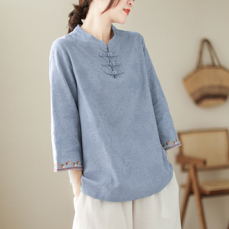 Real shot 2025 summer new retro jacquard cotton and linen disc buckle seven-quarter sleeve shirt women's shirt top 2870 #