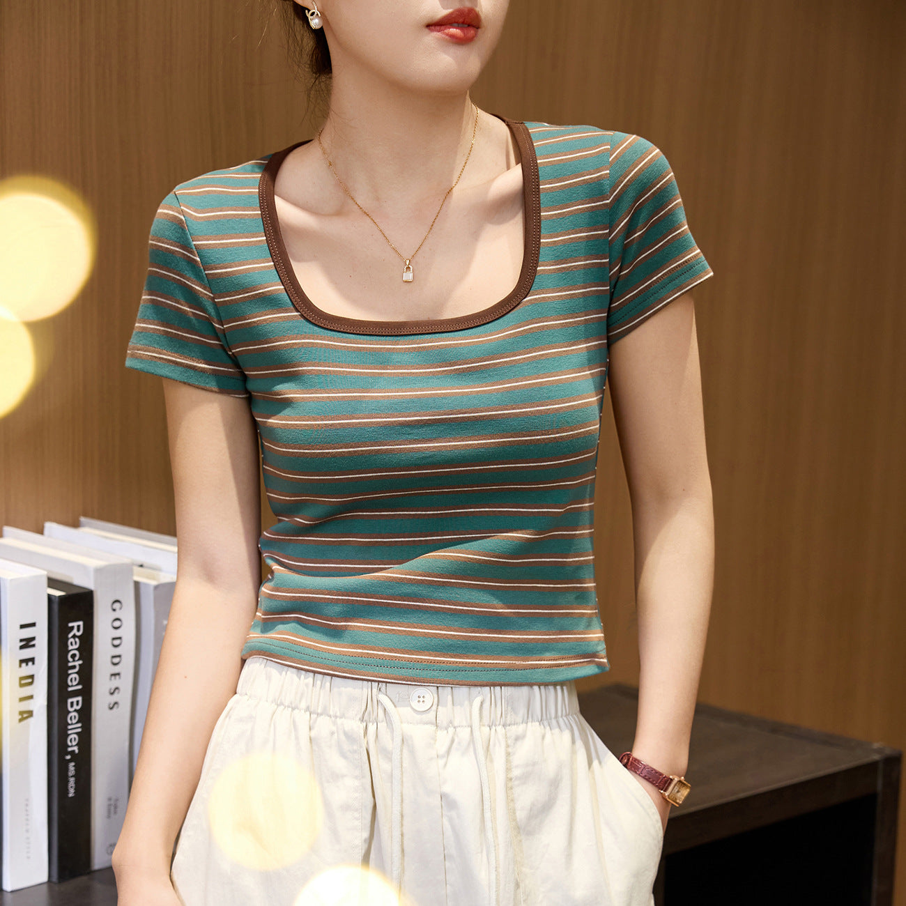 Combed cotton retro U-neck striped short-sleeved T-shirt women's summer new clavicle slim and thin short versatile top