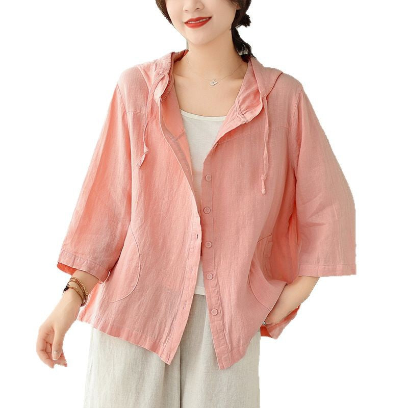 Real shot 2025 spring new literary loose solid color hooded nine-quarter sleeve shirt women's shirt top #9338