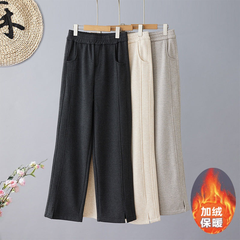Real shot herringbone pattern velvet wide-leg pants women's 2025 winter woolen split pants straight tube micro-elastic banana pants