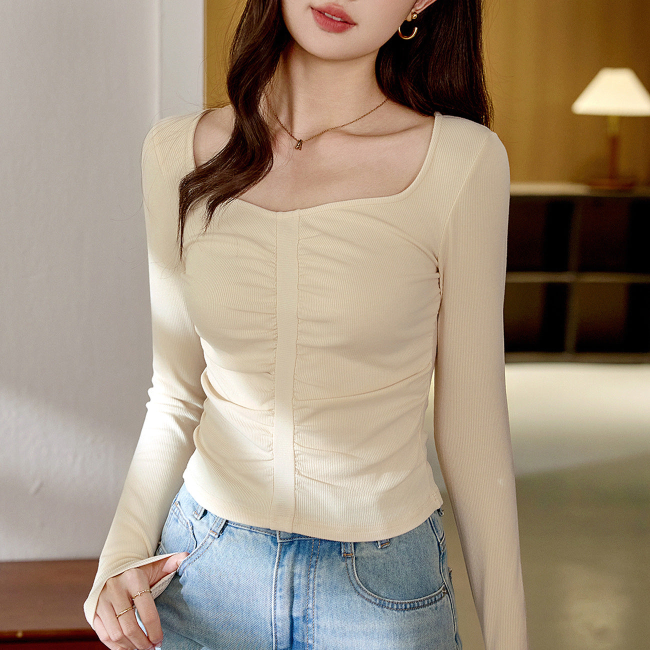 #Ingenuity Screening Products #Thin Velvet Chic Design Sense Pleated Square Neck T-Shirt Women's Long Sleeve 2026 Autumn and Winter New Bottom Shirt