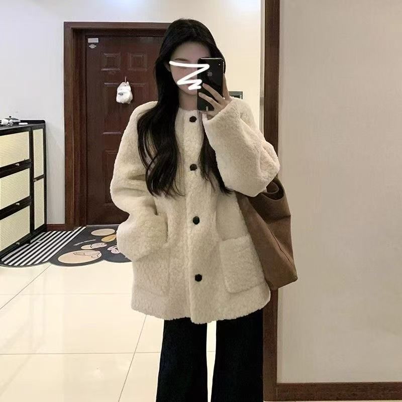 Small fragrant imitation lamb plush coat women's 2025 new popular autumn and winter Korean velvet thickened top