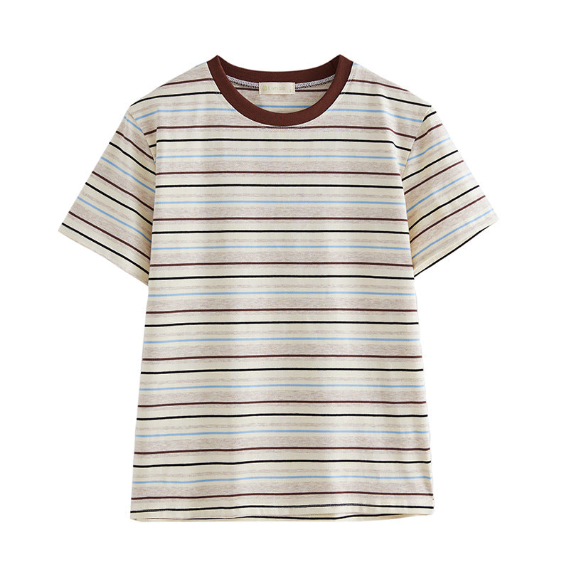 #Combed pure cotton #medium and long loose retro rainbow striped short-sleeved t-shirt women's summer 2026 new lazy top