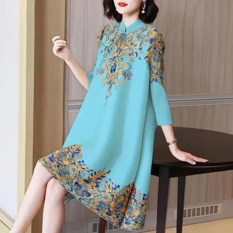 Korean version of foreign style mother loose large size stand-up collar improved cheongsam spring new retro elegant medium and long dress