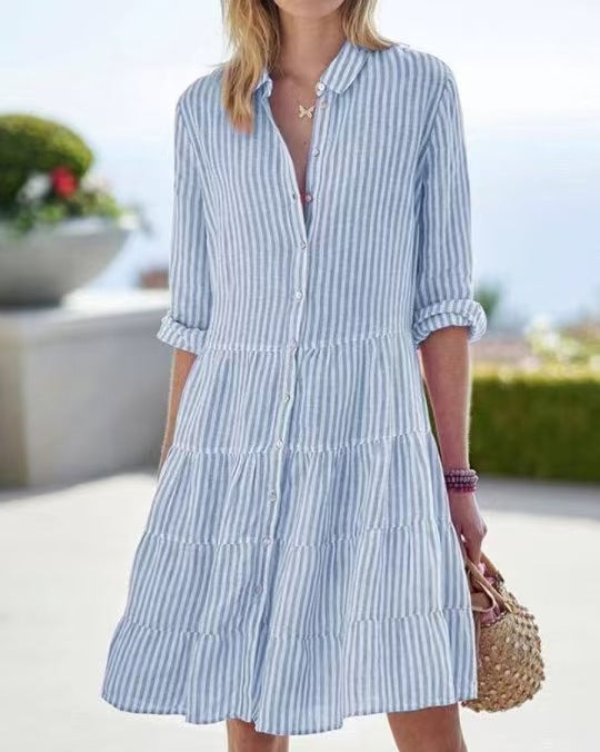 Amazon Independent Station Cross-border European and American Women's Clothing Autumn Long Sleeve Women's Striped Shirt Dress