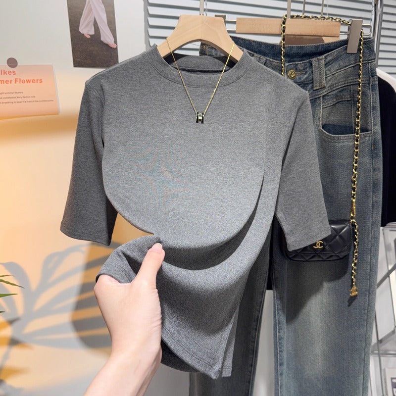 Half-sleeved T-shirt women's five-quarter-sleeved white small stand-up collar medium-sleeved top bottoming shirt spring and autumn 2025 new high-end sense