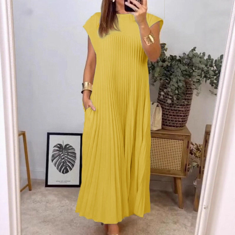 2025 new holiday style Amazon cross-border fashion round neck sleeveless pleated dress women's long dress