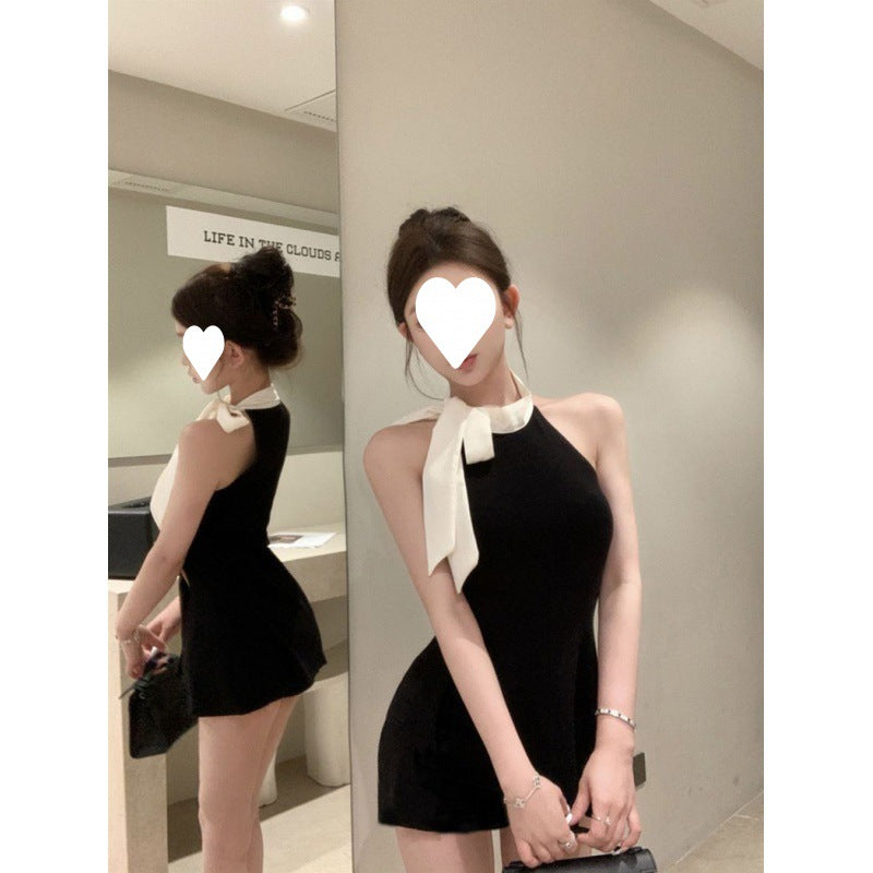 French black sleeveless dress women's summer new super fairy temperament bow slim short skirt waist small black dress