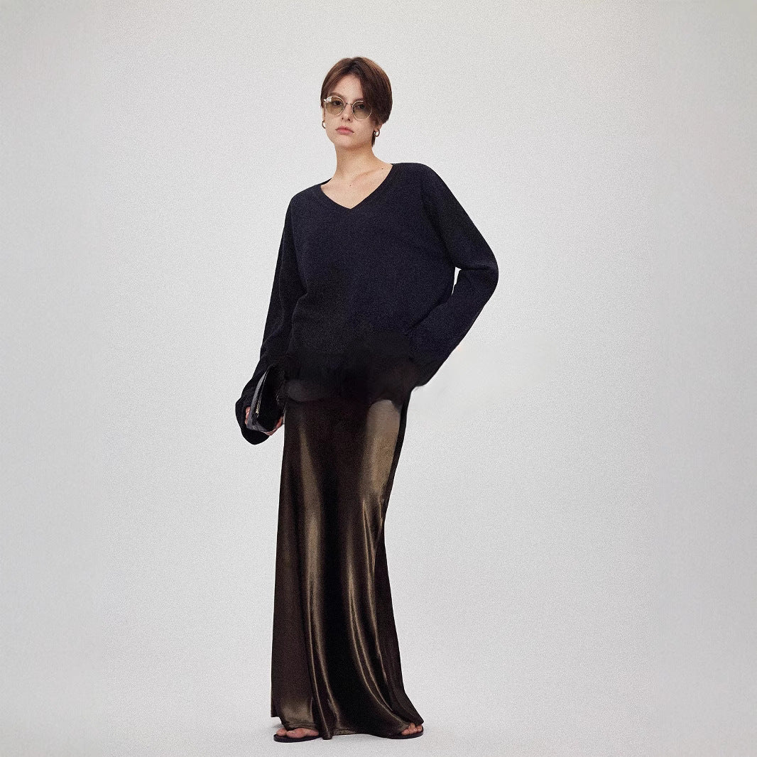 Velvet skirt women's autumn and winter high-end minimalist gloss H-shaped straight A-shaped retro long skirt skirt