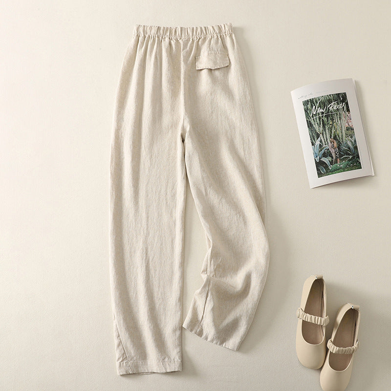 Real shot 2025 autumn new literary loose solid color cotton and linen elastic waist straight pants women's casual trousers #9539