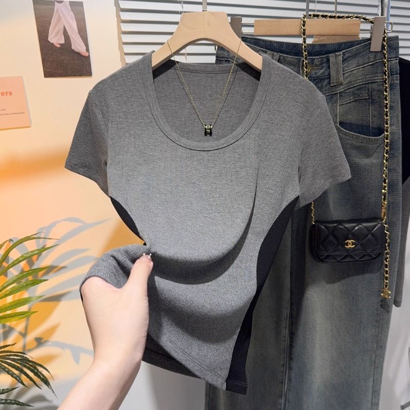 Threaded front shoulder small v-neck short-sleeved T-shirt female slim and thin design sense niche chic contrasting color splicing t-shirt top