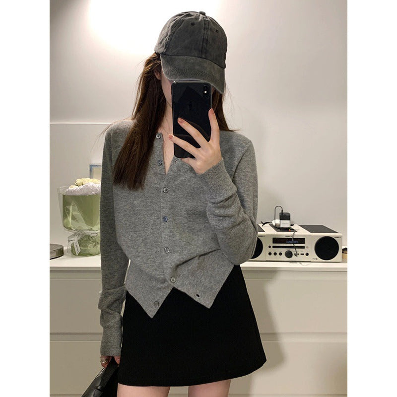 Premium Korean gray knitted cardigan women's spring and autumn temperament slim and thin outer cashmere sweater jacket top