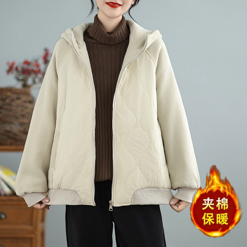 Real shot 2025 autumn and winter new casual simple Korean version thickened warm hooded splicing short jacket women's clothing