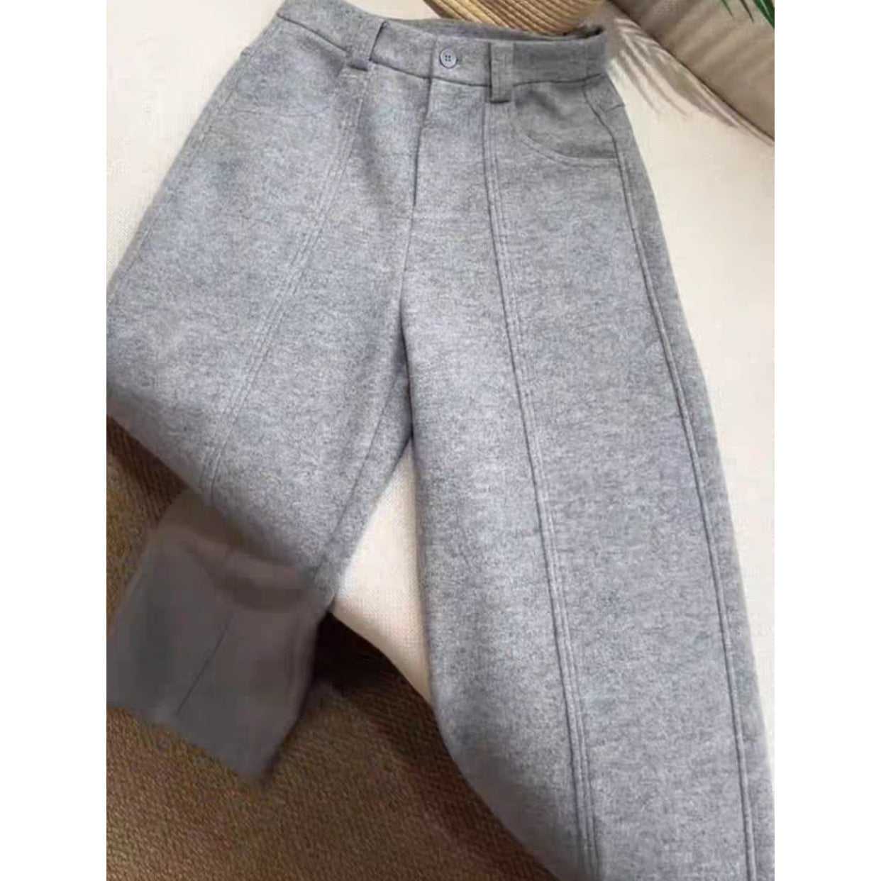 2025 autumn and winter light gray high-waisted and thin three-dimensional tailoring woolen straight-leg pants femininity warm commuter pants
