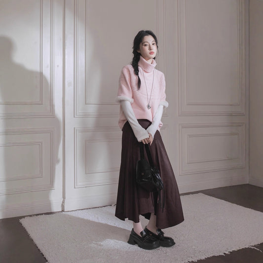 "Heroine of Ancient Japanese Drama" velvet mist powder bat sleeve wool half-sleeve wool knitted two-piece sweater