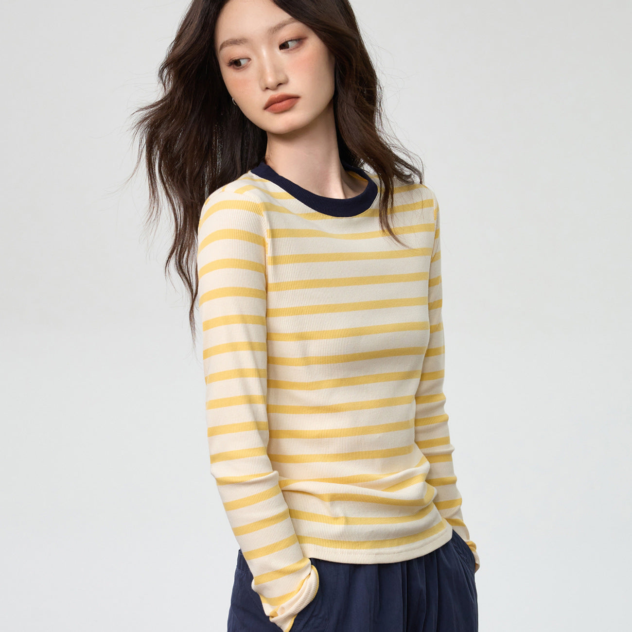 #Selection of pure cotton #Contrasting striped round neck long-sleeved T-shirt women's 2026 autumn and winter new slim-fitting and thin bottoming top