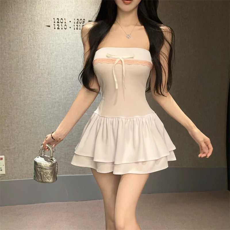 European and American style 2025 summer new women's clothing contrasting color splicing one-word collar chest-wrapped ruffle edge slim-fitting waist dress