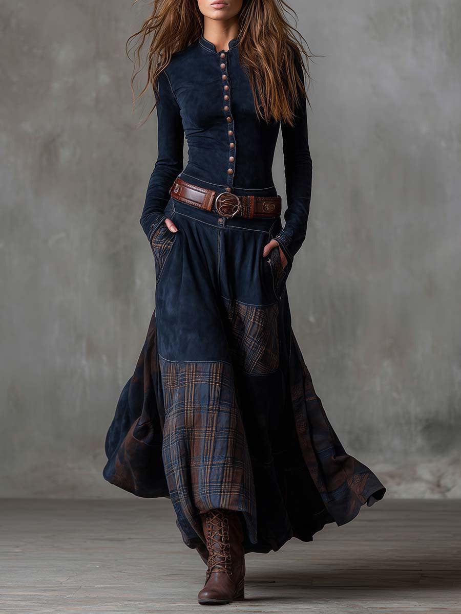 2025 Independent Station Foreign Trade Suede Plaid Collage Vintage Temperament Dress with Pocket Button Belt Belt