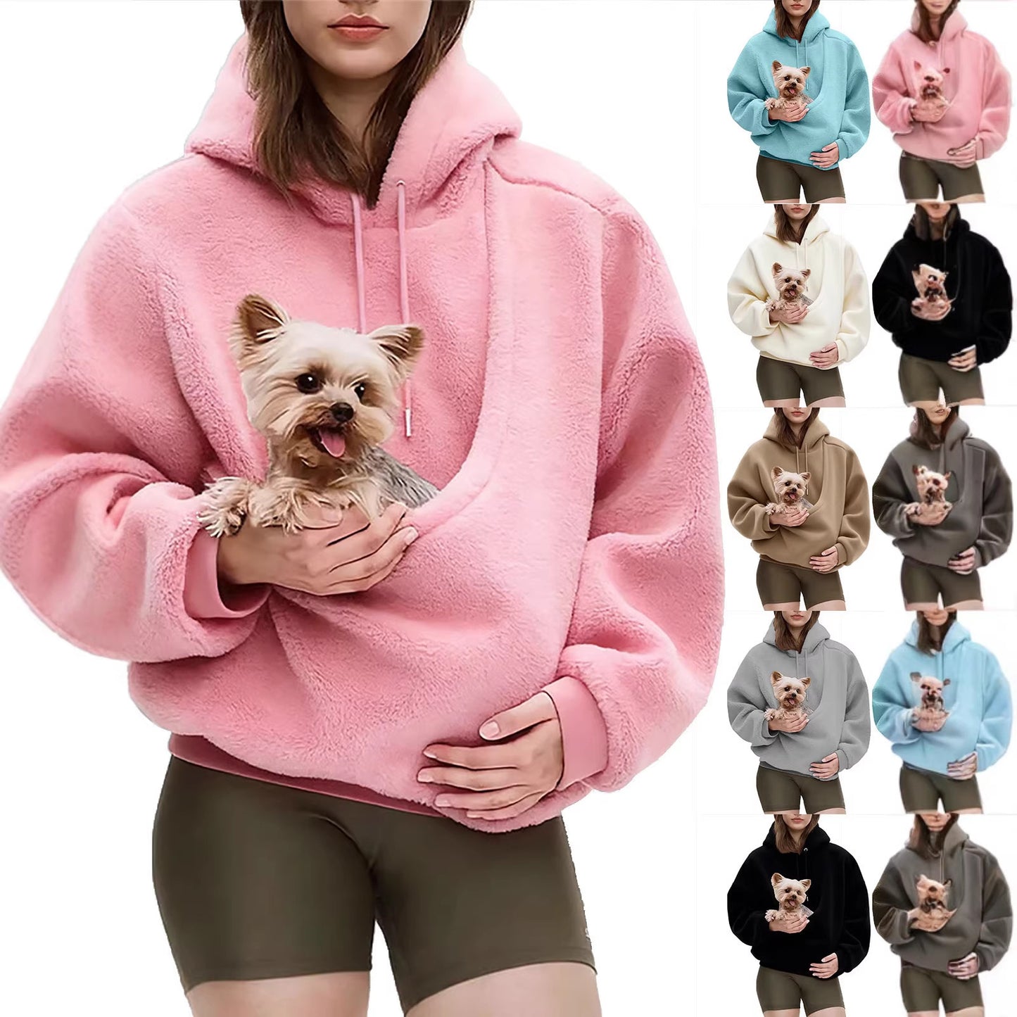 2025 Amazon new model, European, American autumn and winter cross-border solid color hooded plush pet pocket loose pullover sweater women