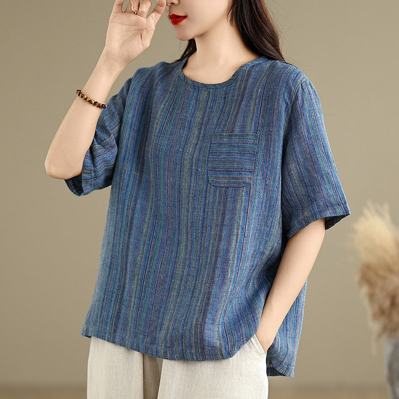Real shot 2025 summer new cotton and linen literary retro striped short-sleeved shirt top T-shirt women