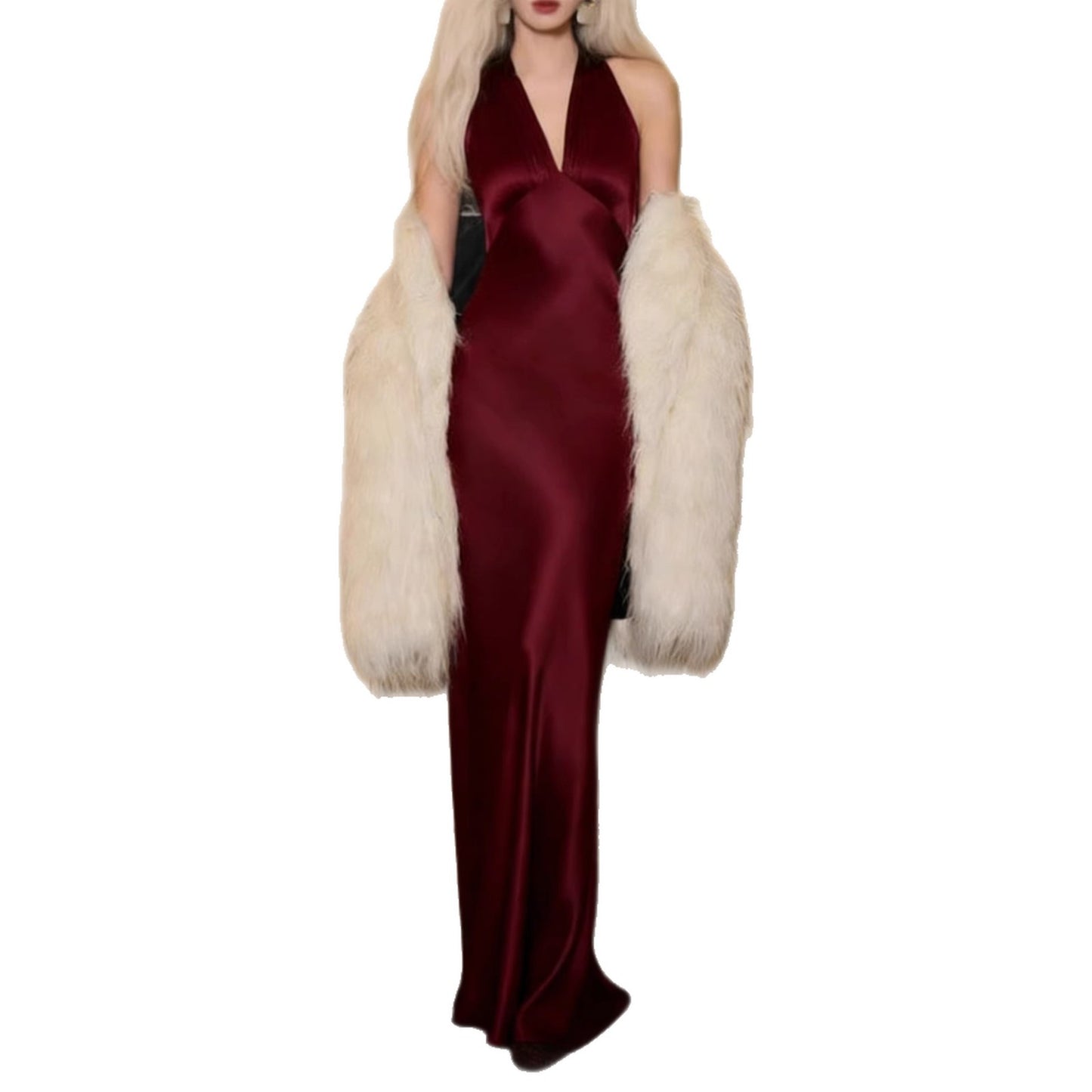 Haute couture Gulinazar with acetic acid design feeling thousand gold feeling seaside vacation banquet wedding deep V dress