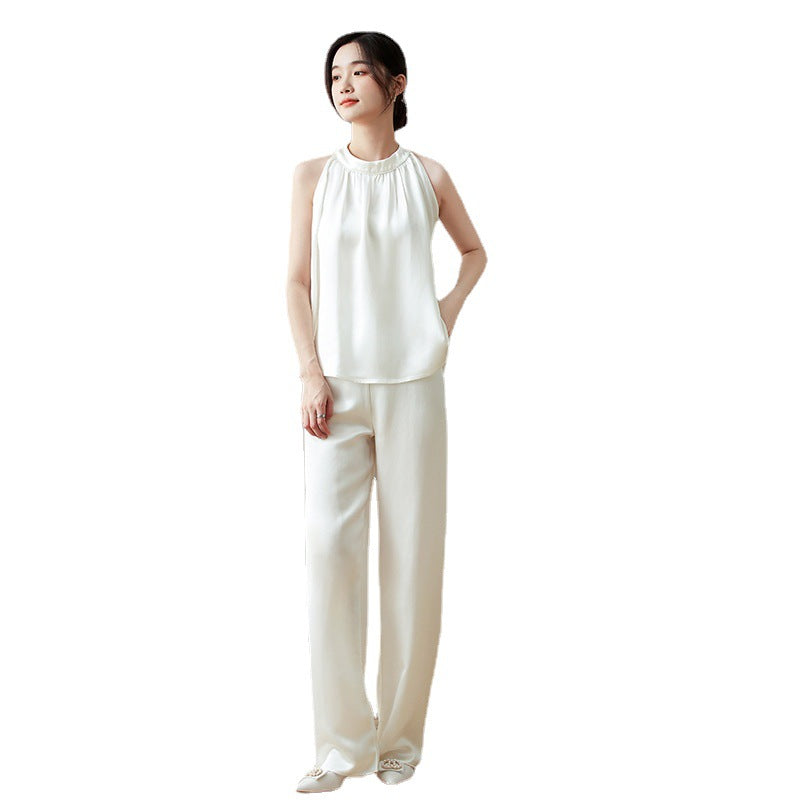 Haute couture clothing imported acetic acid commuter suit thin versatile spring and summer new temperament OL satin wide legs casual