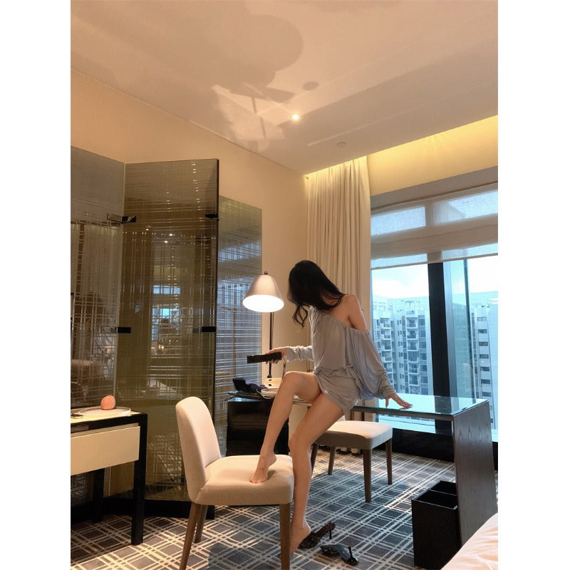 Blue one-word shoulder long-sleeved dress women's autumn thin waist skirt bat sleeve pure desire Spice girl hip-wrapped short skirt