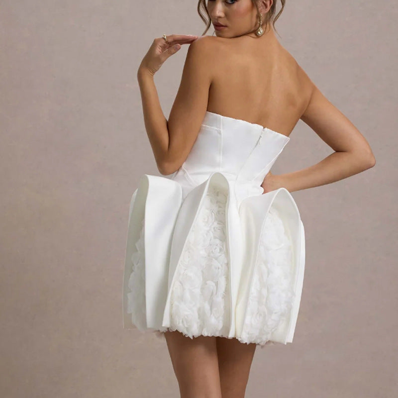 New Amazon sexy white bandeau dress short skirt European and American style women's hem decoration U-shaped flower dress