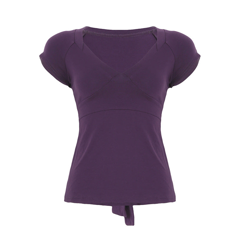 Love cloth forget pure desire style fashion splicing chest short-sleeved T-shirt Spice girl back strap bow base top