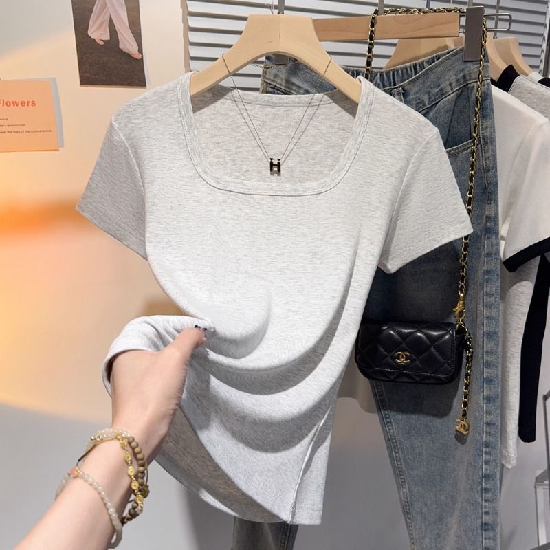 apricot modal ice silk short-sleeved t-shirt women's summer versatile 2025 summer slim-fitting waist irregular short top