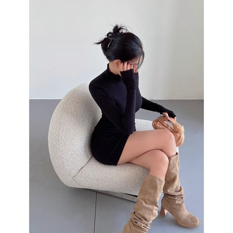 Autumn and winter new pure desire style sexy high neck tight slim long sleeve base slim dress hip-hugging short skirt for women