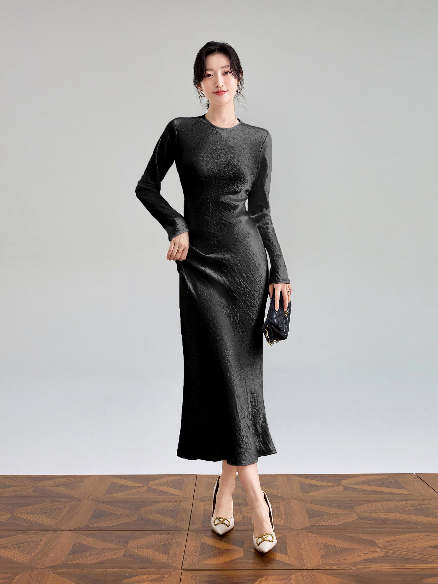 Haute couture 100% acetic acid, spring and autumn French elegance temperament fashionable pole extreme sense satin pleated long-sleeved dress women