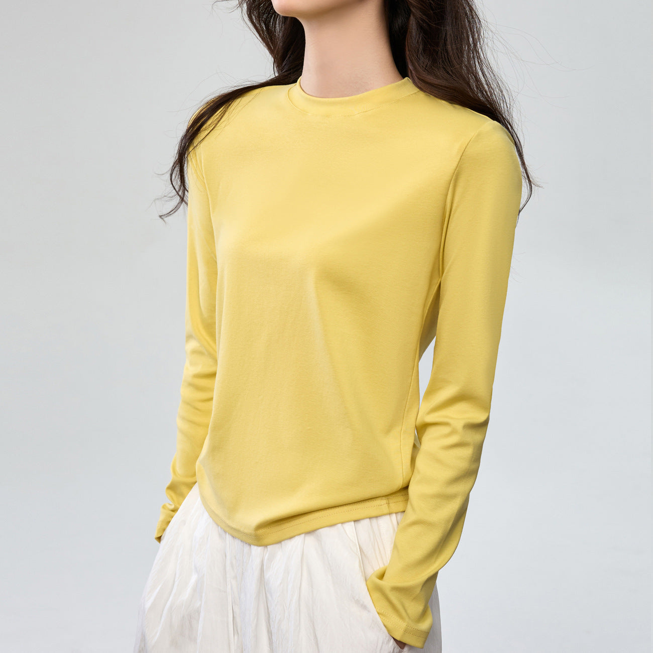 40 combed pure cotton, loose straight T-shirt women's semi-high round neck long-sleeved bottoming shirt solid color versatile pink top