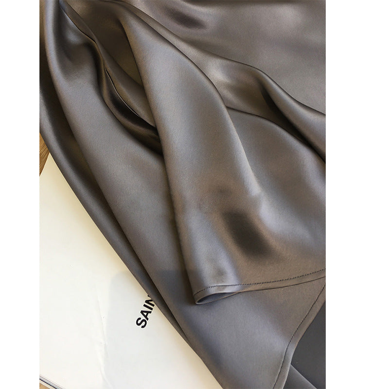 2025 spring and summer new long dress acetic acid satin suspender swing collar 45 degrees oblique cut Internet celebrity explosion green dress women